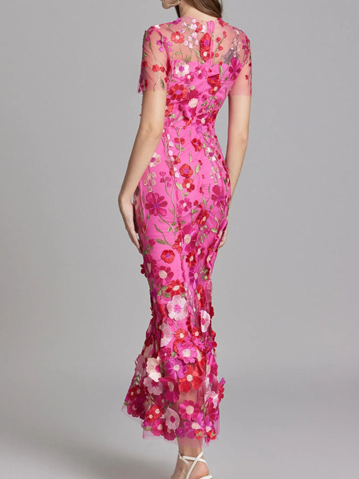 Floral Embroidered Mesh Overlay Maxi Dress