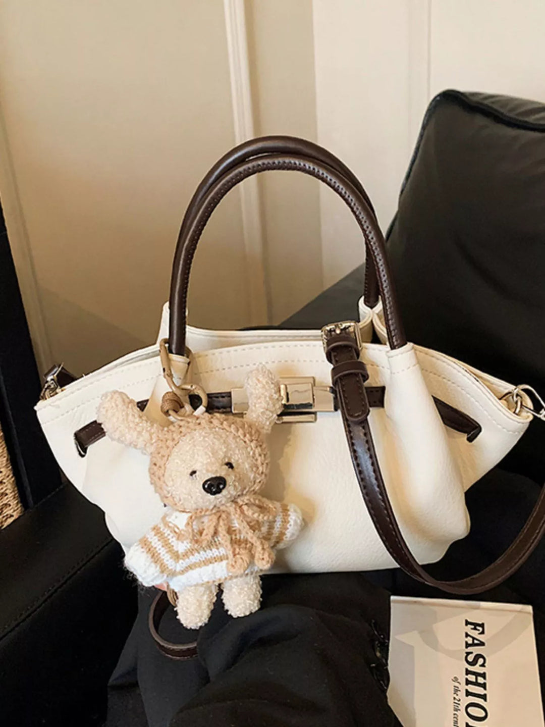 Buckle Decor Crossbody Bag with Bear Charm