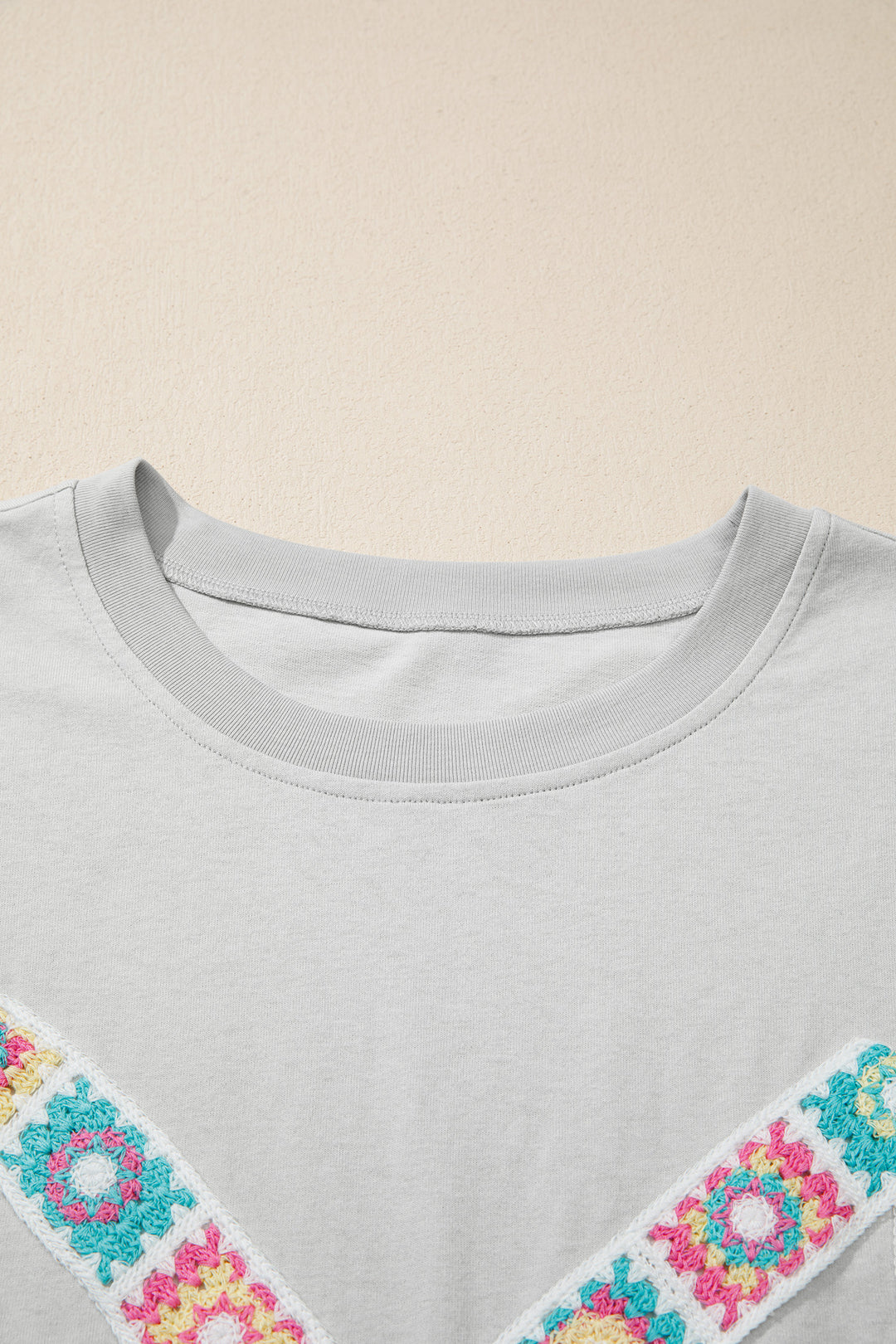 Light Grey Floral Crochet Ribbon Bow Patched Cotton T Shirt
