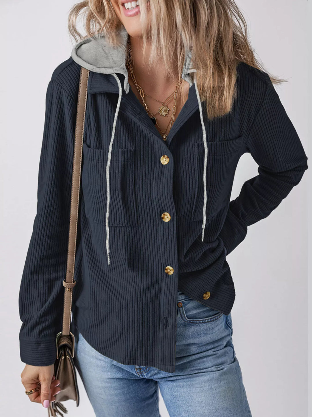 Hooded Corduroy Button-Down Jacket