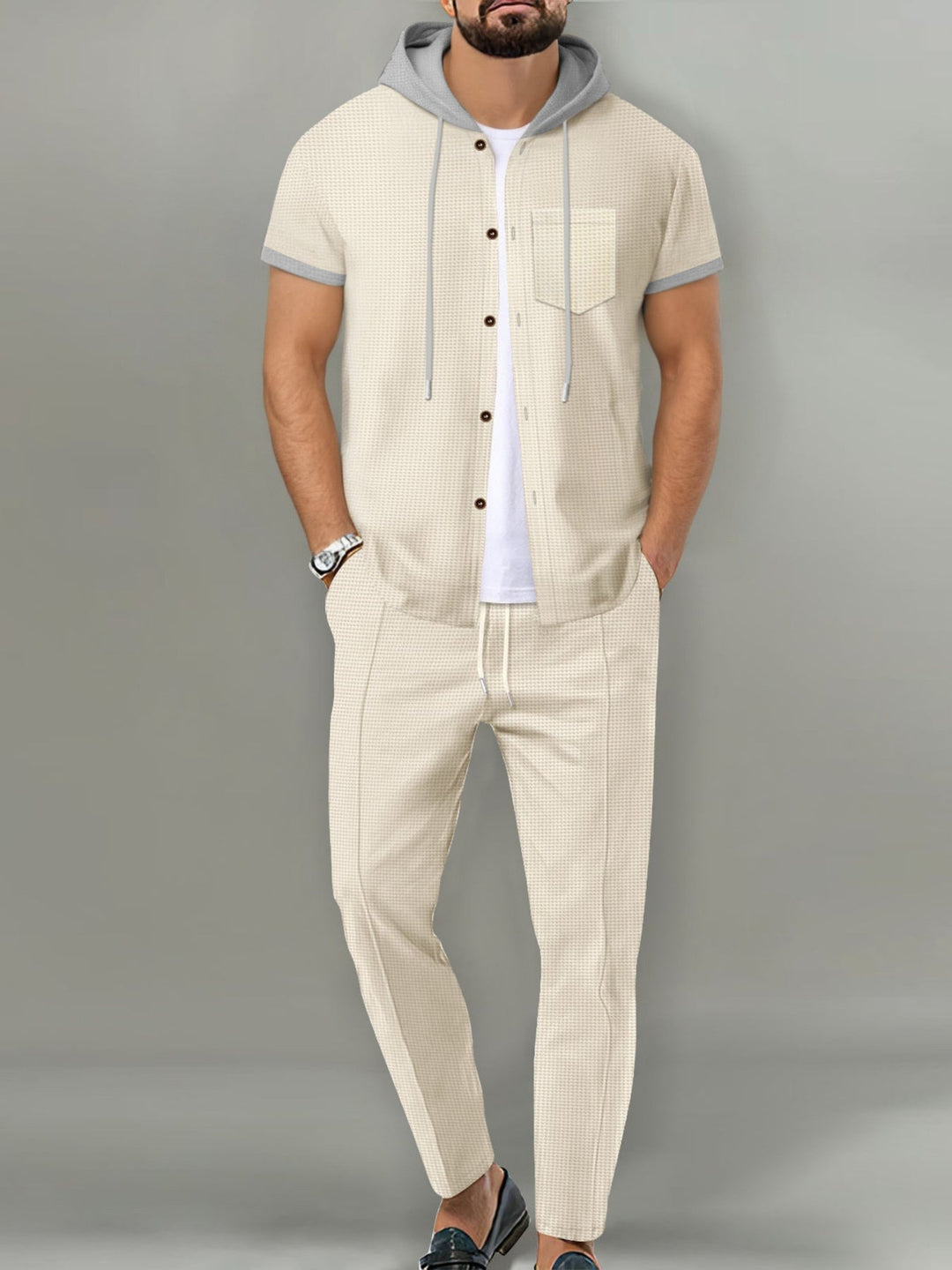 Men's Full Size Short-Sleeve Hooded Top and Shorts Set Plus Size