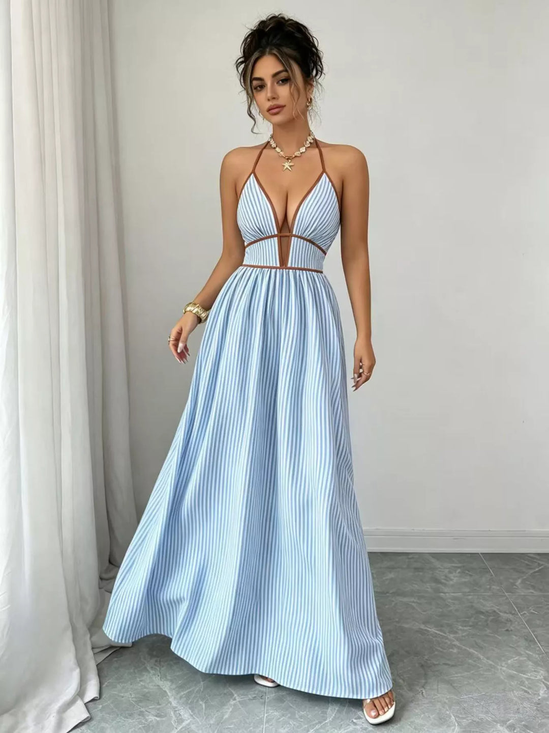Striped Halter Neck Maxi Dress