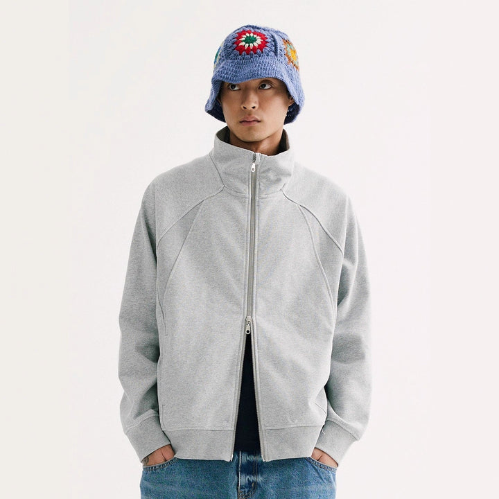 Retro Solid-color Curved-cut Stand-collar Zip-up Hoodie