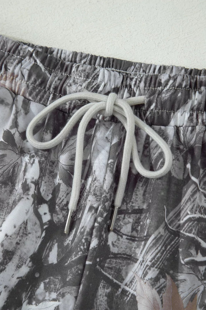Abstract Maple Leaf Printed Tie Elastic Waist Shorts
