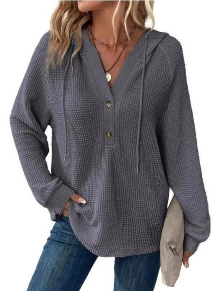 Full Size Button Detail Waffle Knit Hoodie Plus Size