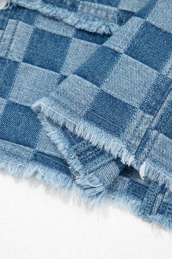 Frayed Hem Checkered Denim Mini Dress