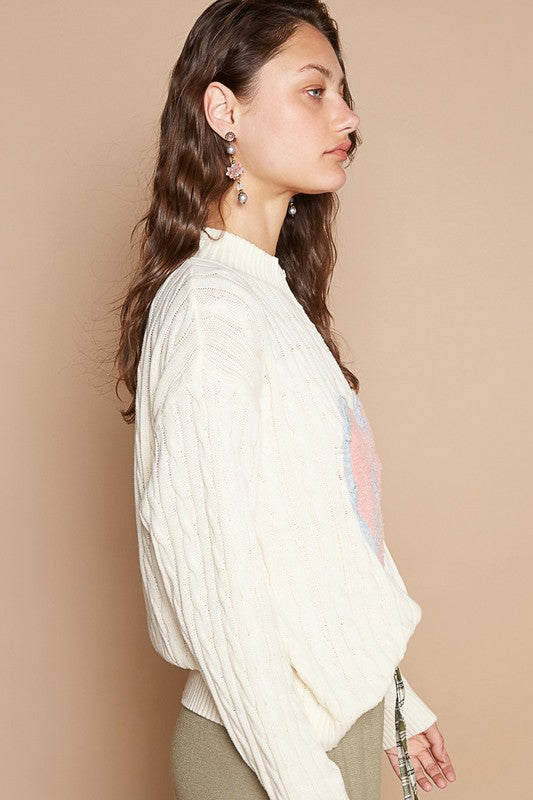 Back To School Sweater - POL Cable-Knit Peace Patch Dropped Shoulder Sweater