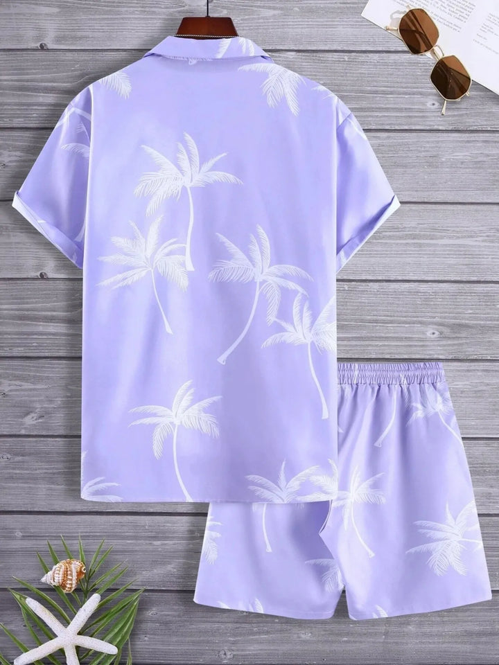 Men's Full Size Palm Print Button Up Shirt and Shorts Set Plus Size
