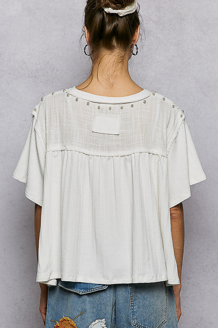 POL Lace Pearl Stud Round Neck Short Sleeve Shirt