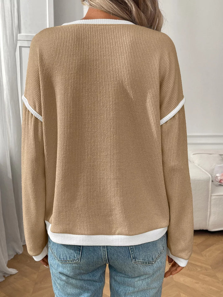 Ribbed Knit Contrast Trim Sweater