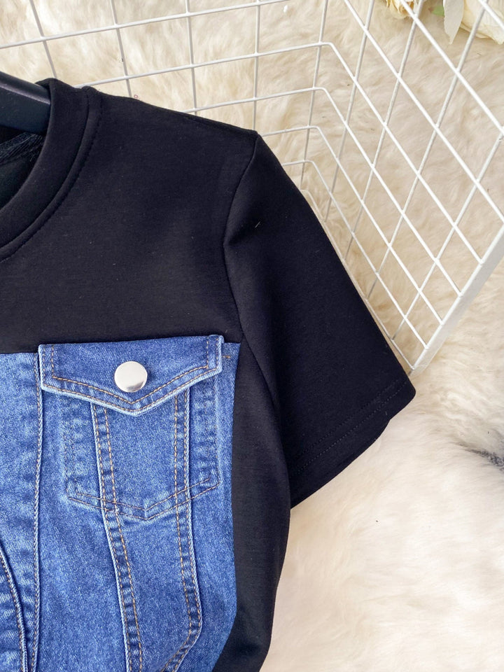 Full Size Denim Patchwork Short Sleeve Slit Back Dress Plus Size