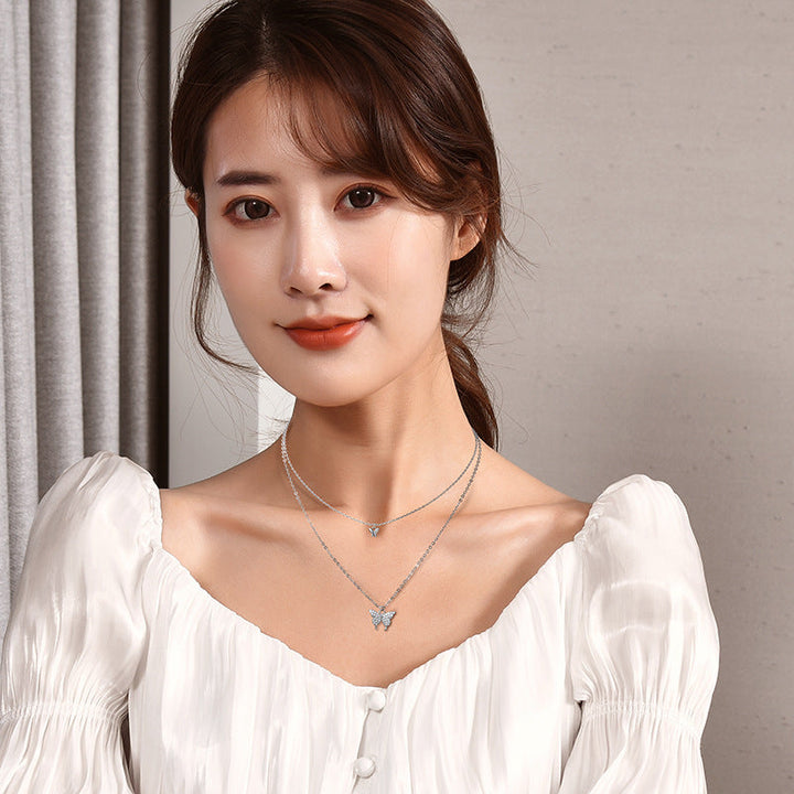 Double Layer Zircon Butterfly Necklace For Women, Dainty Stacked Collarbone Chain, Adjustable Long Sweater Chain Minimal Fashion Jewelry