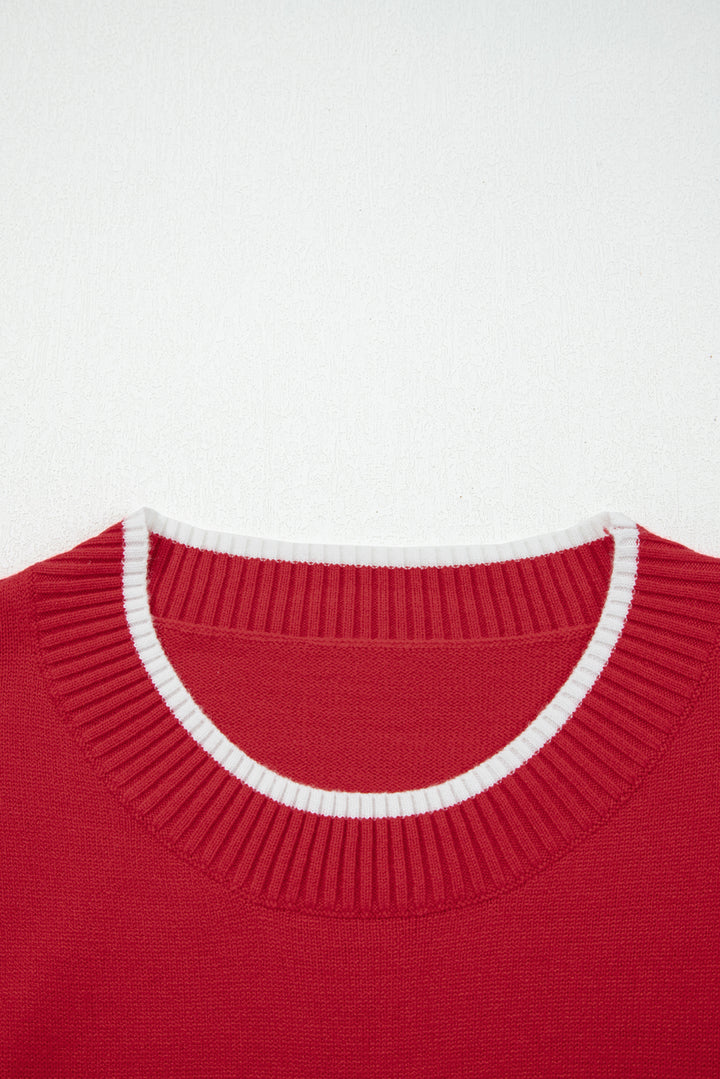 Fiery Red Contrast Trim Big Bow Accent Holiday Cropped Sweater