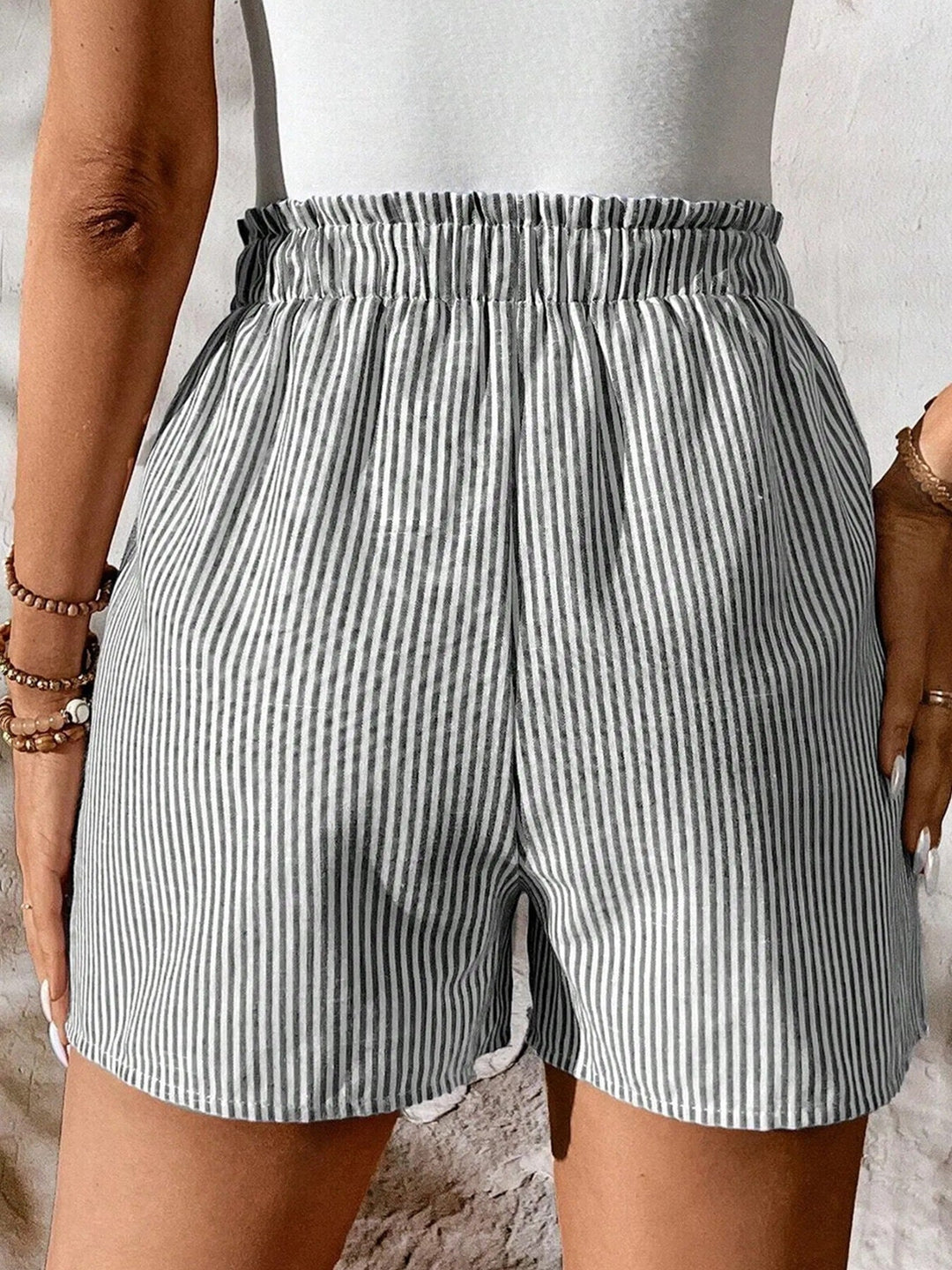 Striped Elastic Waist Drawstring Shorts