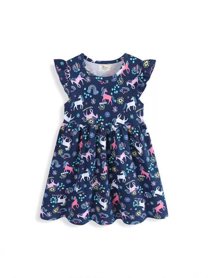 Children's Unicorn Print Ruffle Sleeve Dress