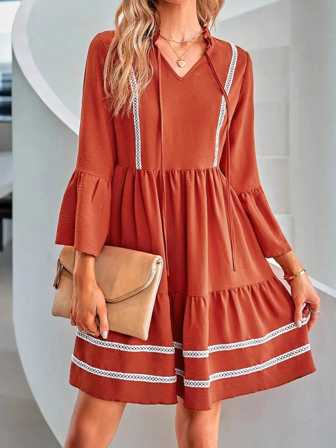 Tie-Neck Long Sleeve Mini Dress with Trim Detail