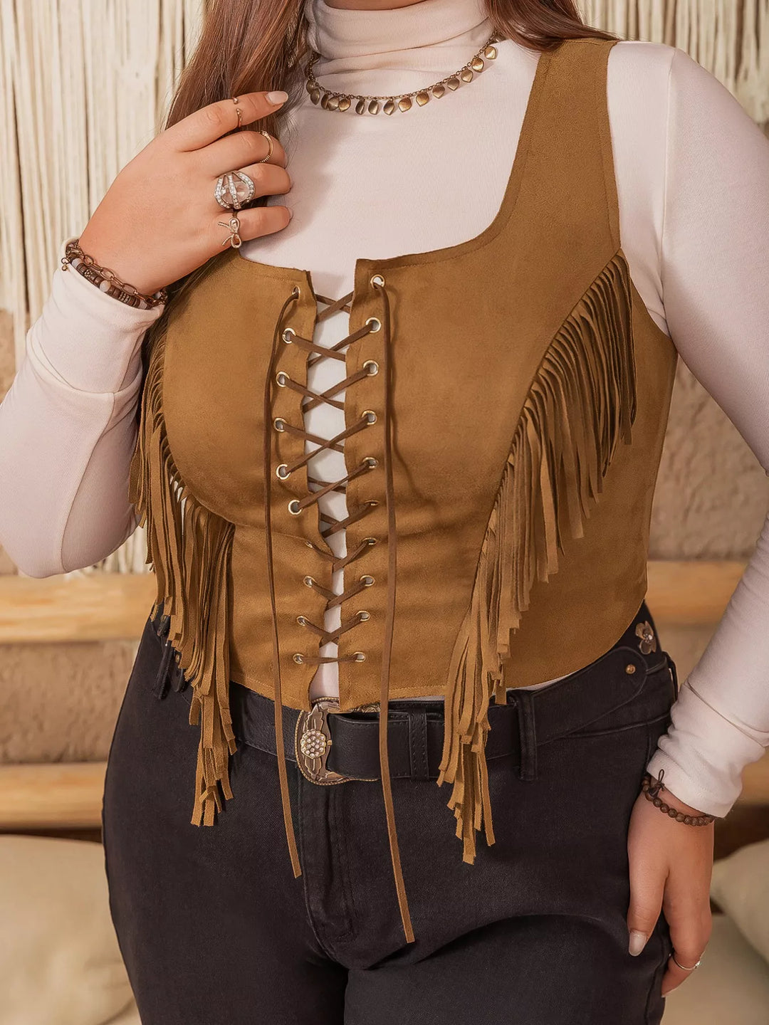 Plus Size Fringed Lace-Up Suede Vest