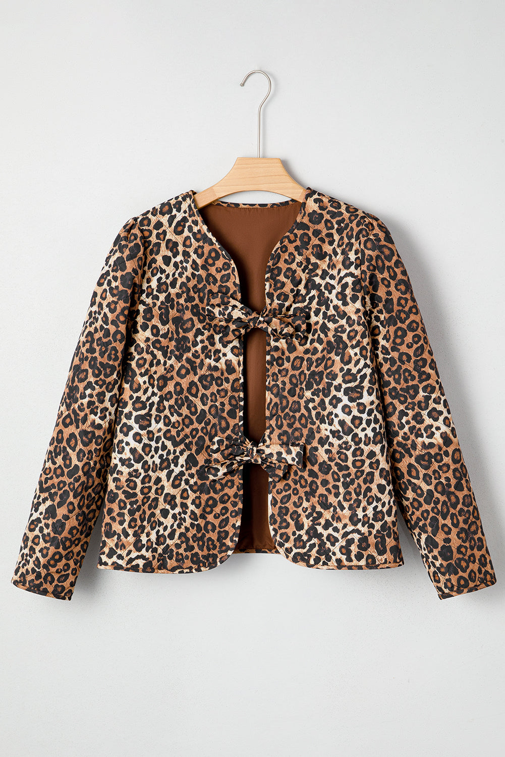 Khaki Leopard Quilted Tie Front Jacket