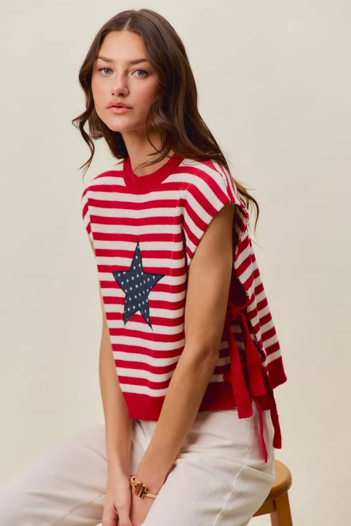 SO ME Stripe Star Patch 4th Of July Side Tie Vest Top