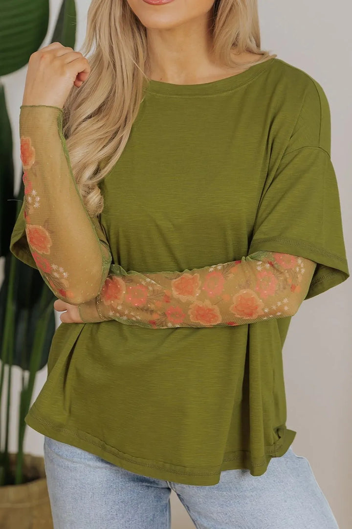 Round Neck Mesh Long Sleeve T-Shirt