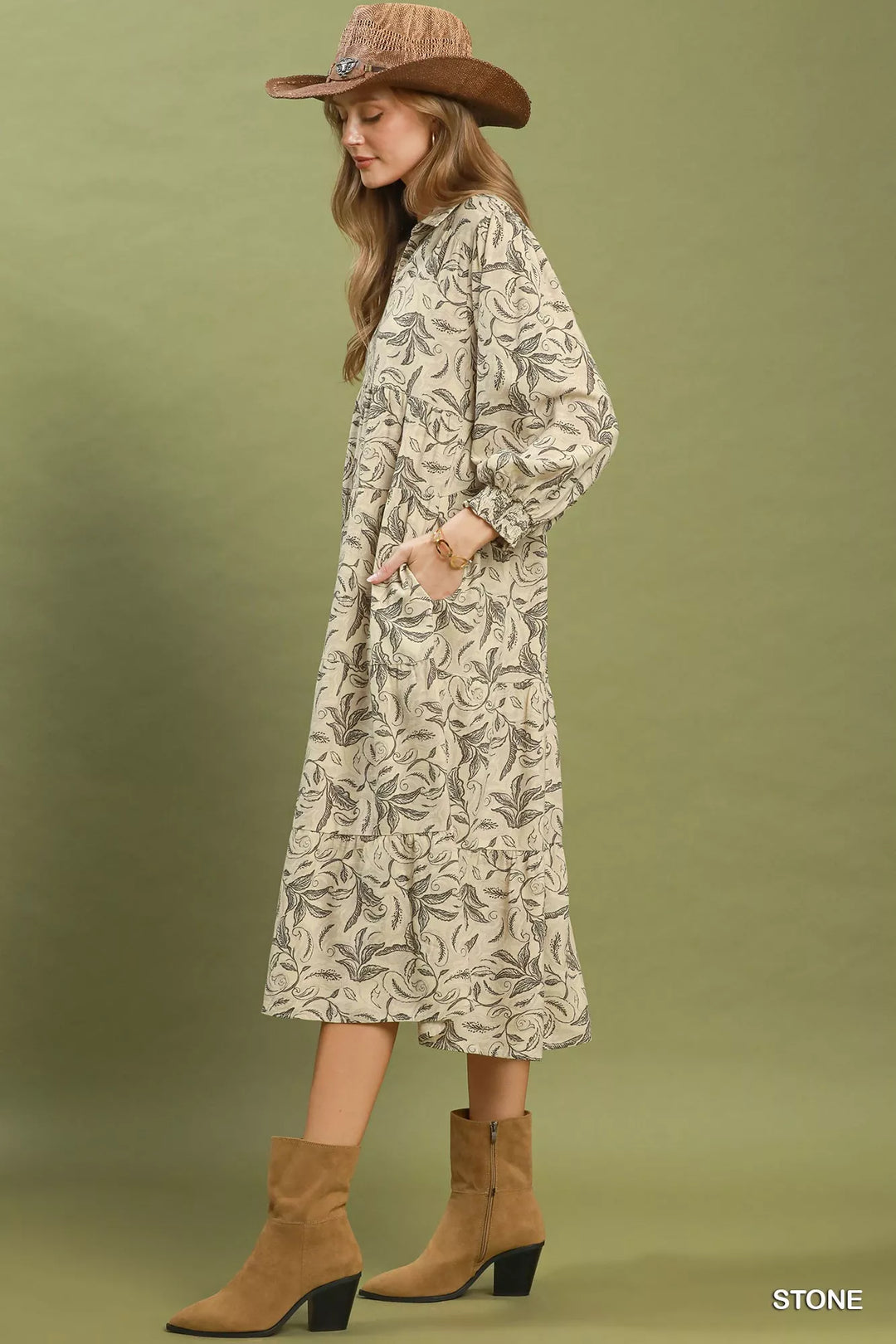 Umgee Linen Botanical Print Tiered Midi Dress
