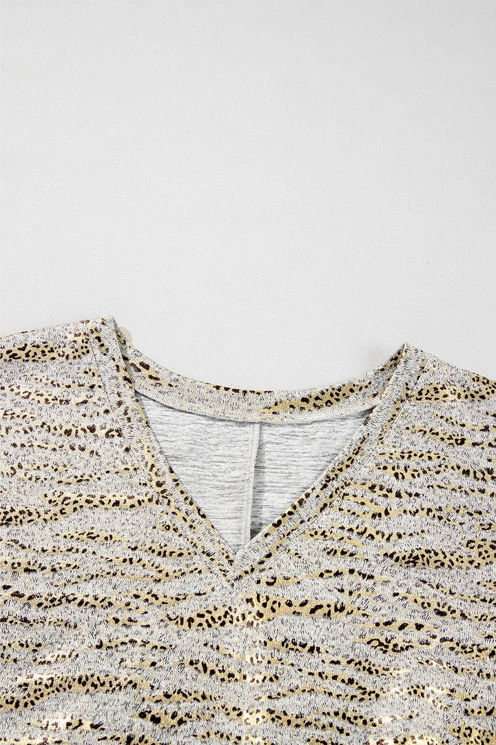 Leopard Print Half Sleeve V Neck Loose Fit T Shirt