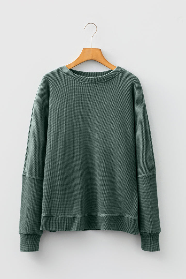 Mist Green Waffle Knit Patchwork Long Sleeve Loose Top