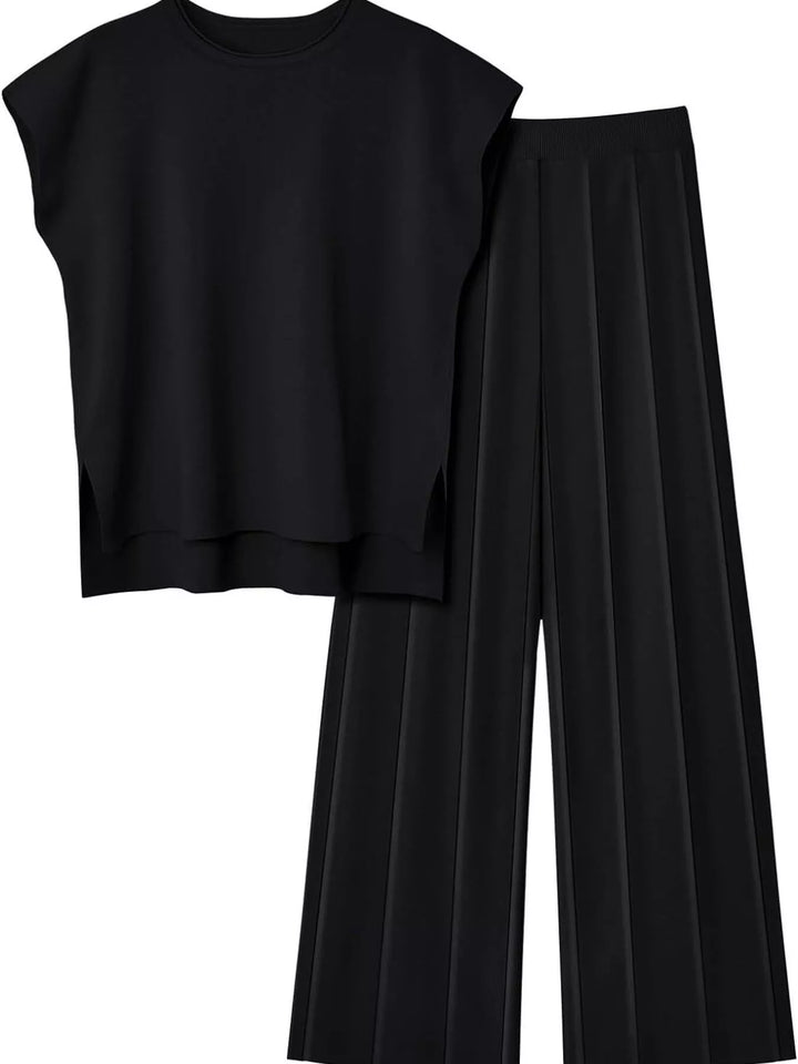 Casual Solid Color Cap Sleeve Top and Pants Knit Set