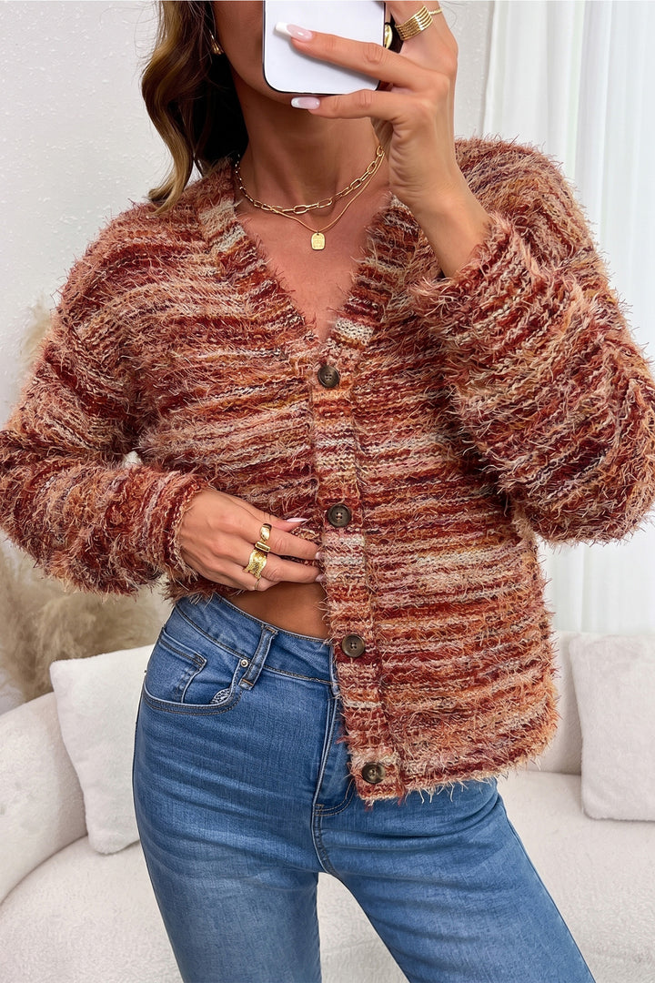 Tawny Fuzzy Striped Button Front Cardigan Sweater