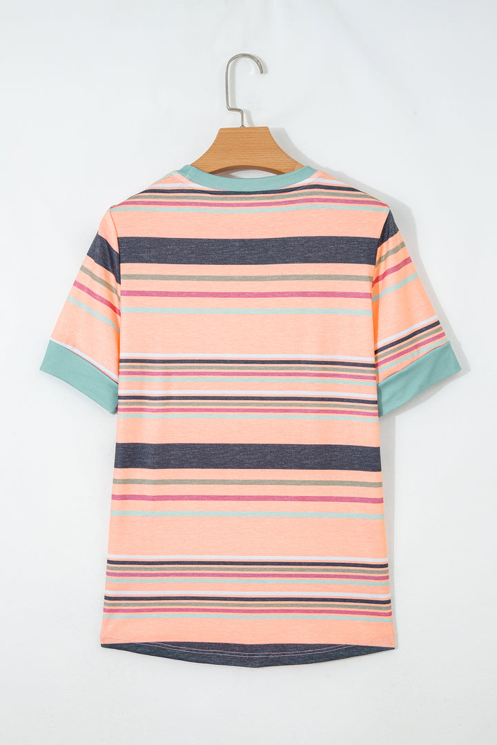 Pink Multicolor Stripes Crew Neck T Shirt