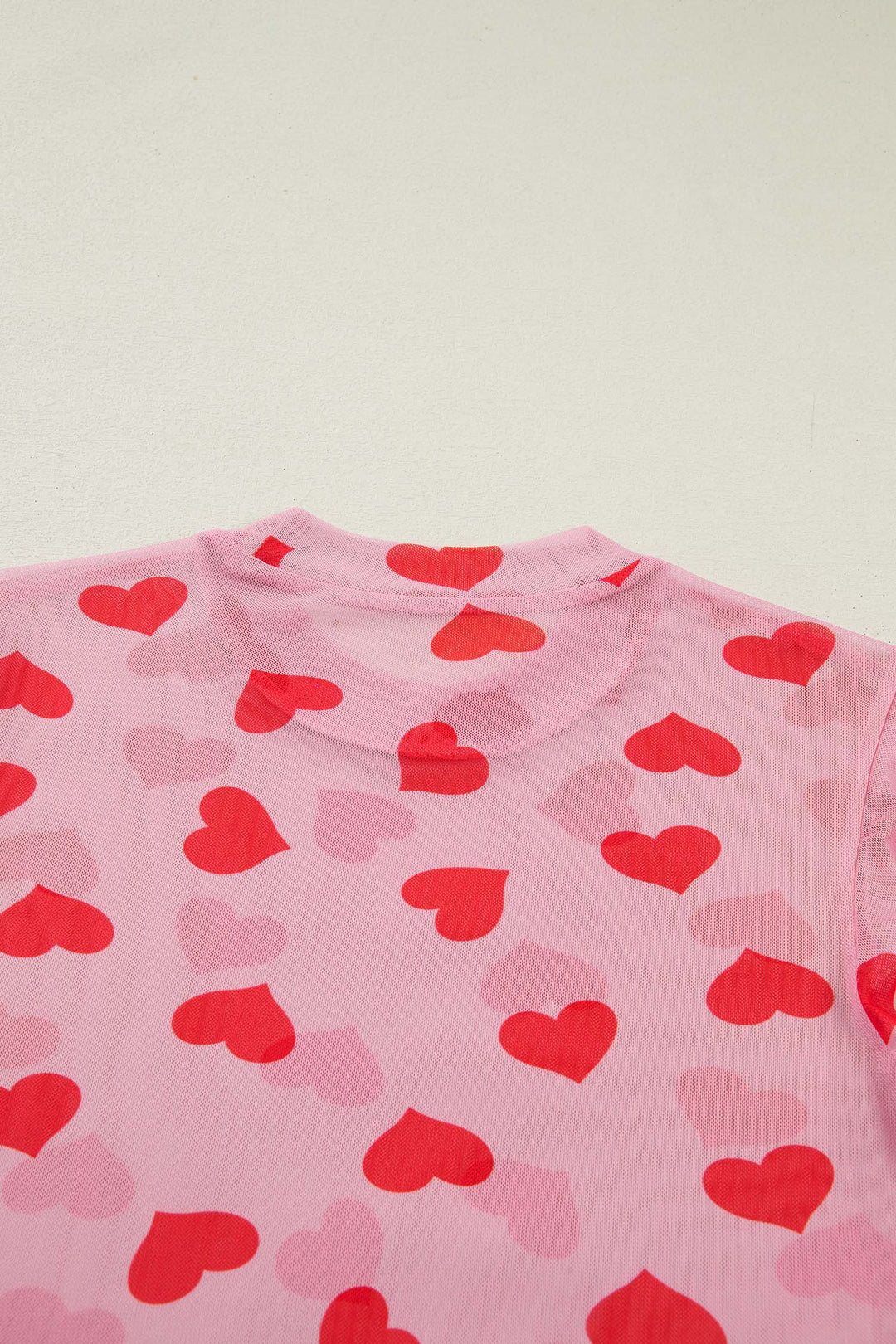 Pink Valentines Heart Printed Sheer Mesh Long Sleeve Top