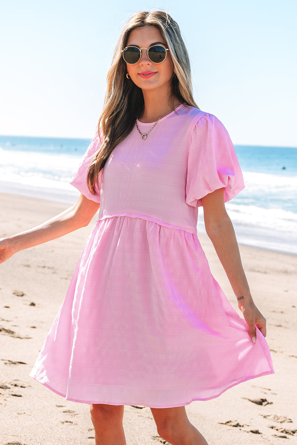 Bonbon Textured Bubble Sleeve High Waist Mini Dress