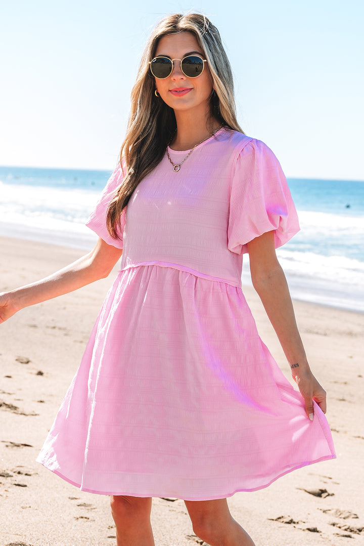 Bonbon Textured Bubble Sleeve High Waist Mini Dress