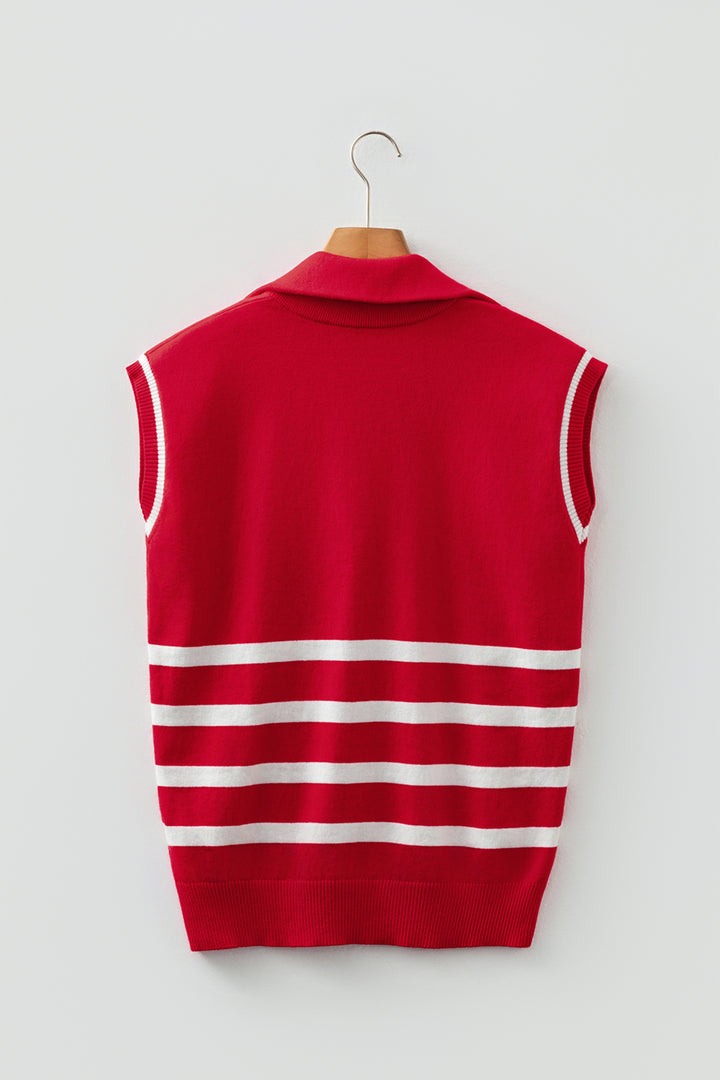 Fiery Red Quarter Zip Striped Detail Short Sleeve Sweater