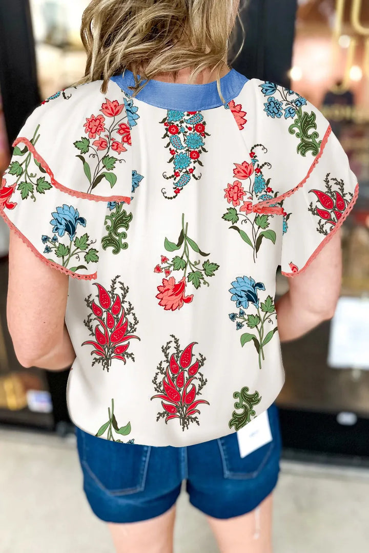 Floral Print Contrast Tassel Tie Short Sleeve Blouse