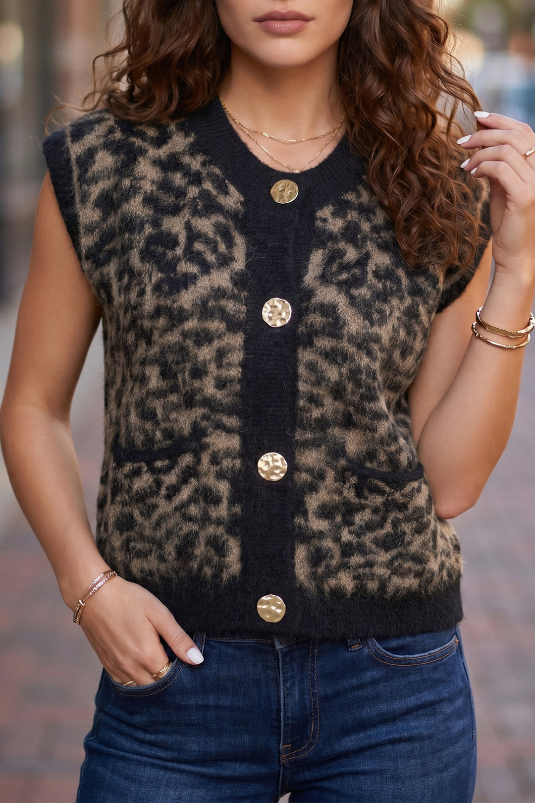 Pink Leopard Print Knit Sleeveless Regular Wash Sweater Vest