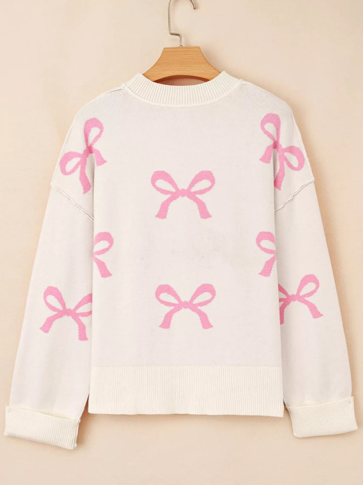 Bow Print Ribbed Trim Exposed Seam Drop Shoulder Loose Sweater