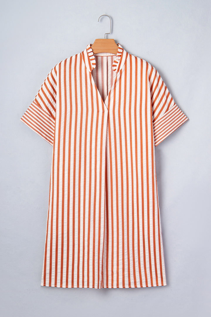 Brown Stripe Pinched V Neck Turn-up Cuffs Shift Mini Dress