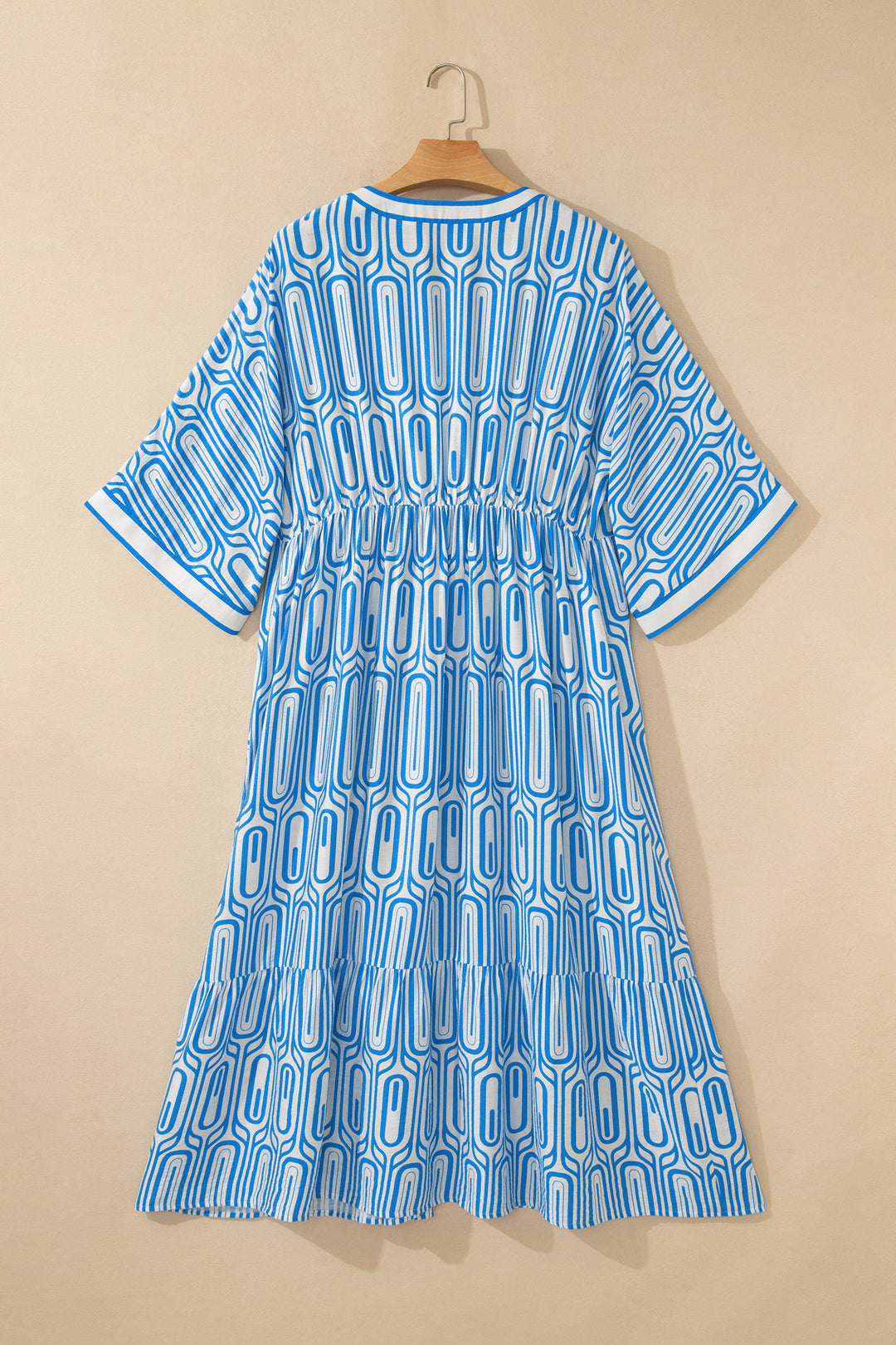Sky Blue Plus Size Geometric Print Contrast Trim V Neck Bracelet Sleeve Long Dress