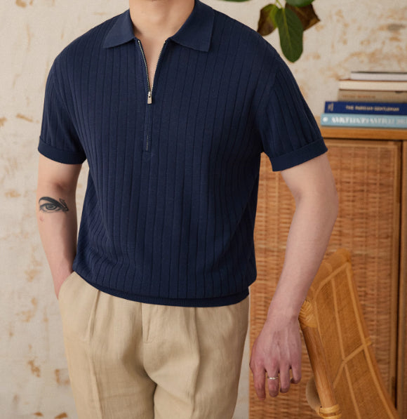 Linen Blend Lapel Zipper Sunken Stripe Short Sleeve