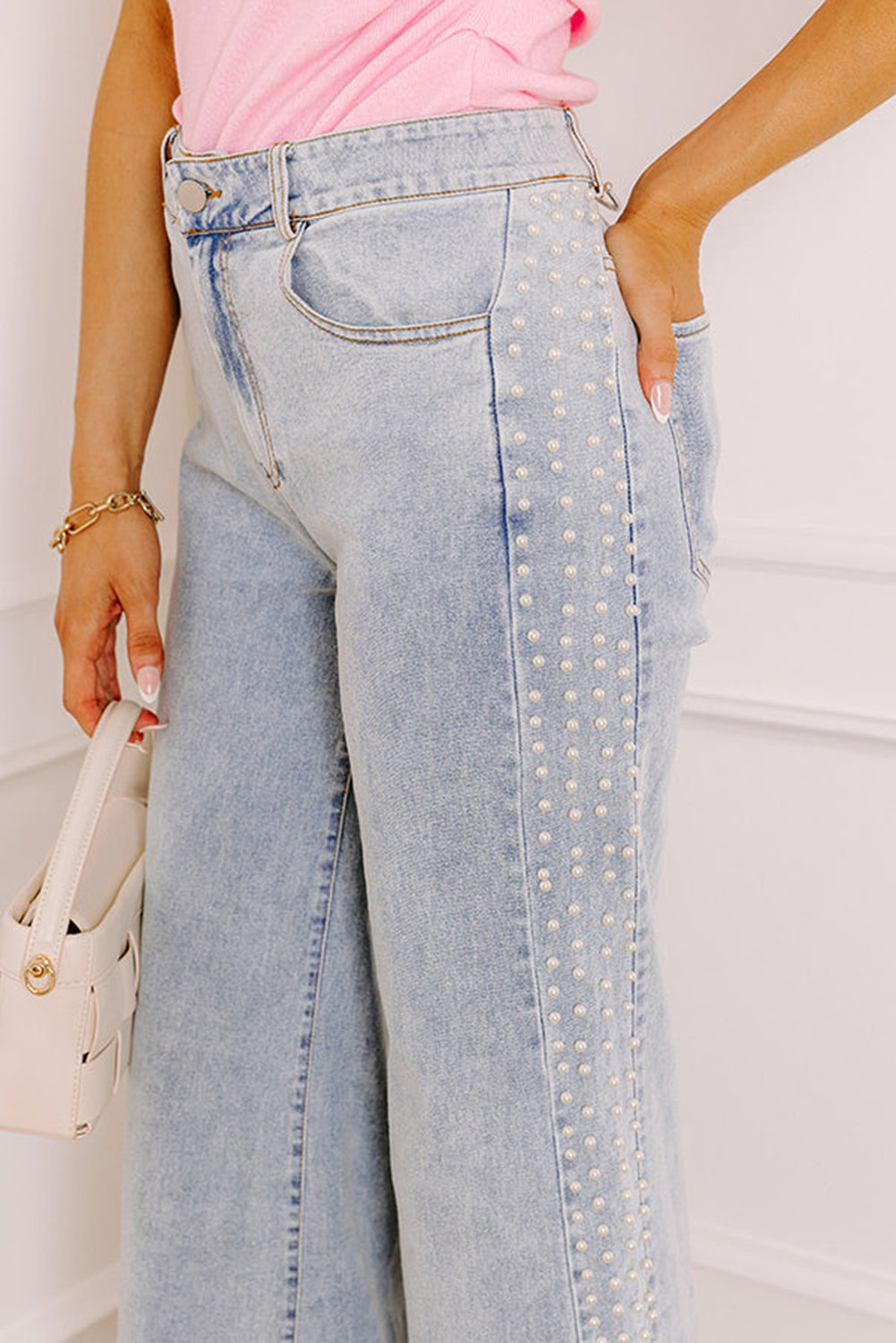 Beau Blue Mid Rise Pearl Embellished Split Wide Leg Jeans