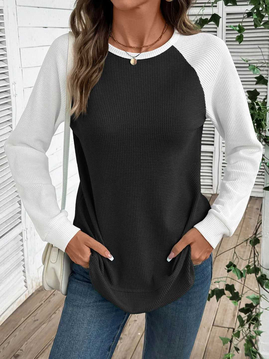 Contrast Raglan Sleeve Waffle Knit T-Shirt