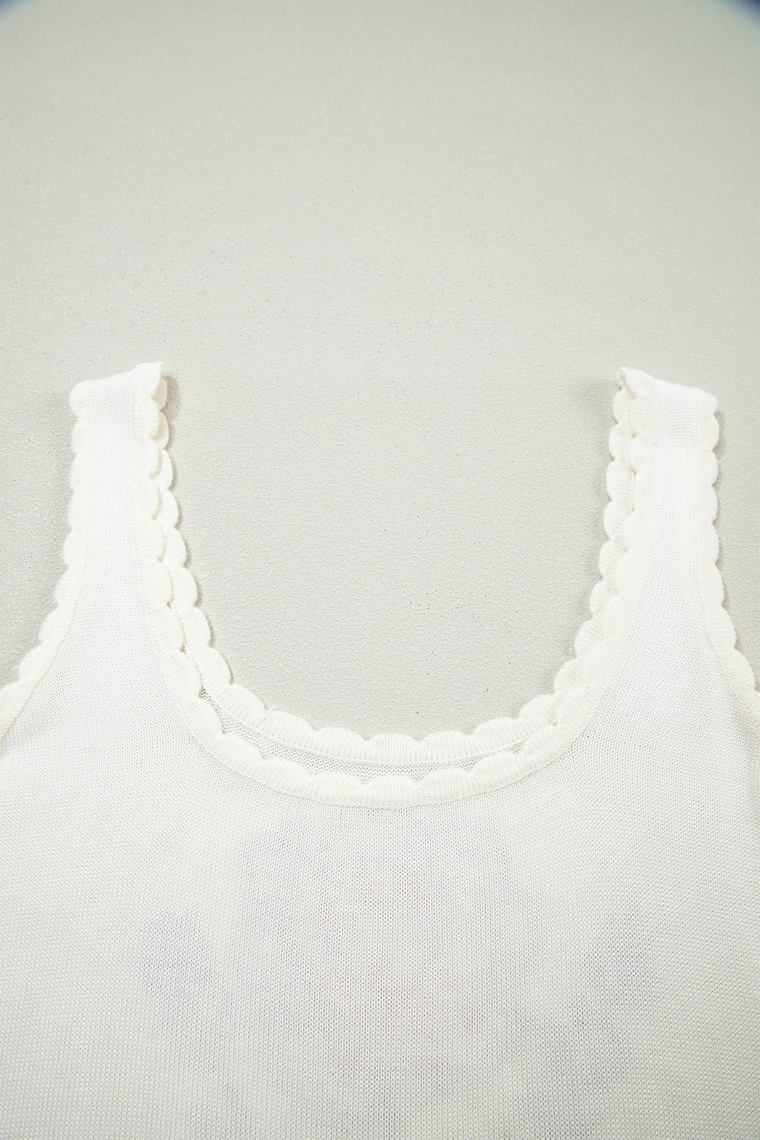 White Retro Floral Print Scalloped Square Neck Knit Sweater Vest