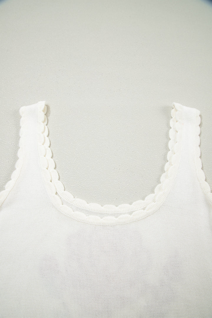 White Retro Floral Print Scalloped Square Neck Knit Sweater Vest