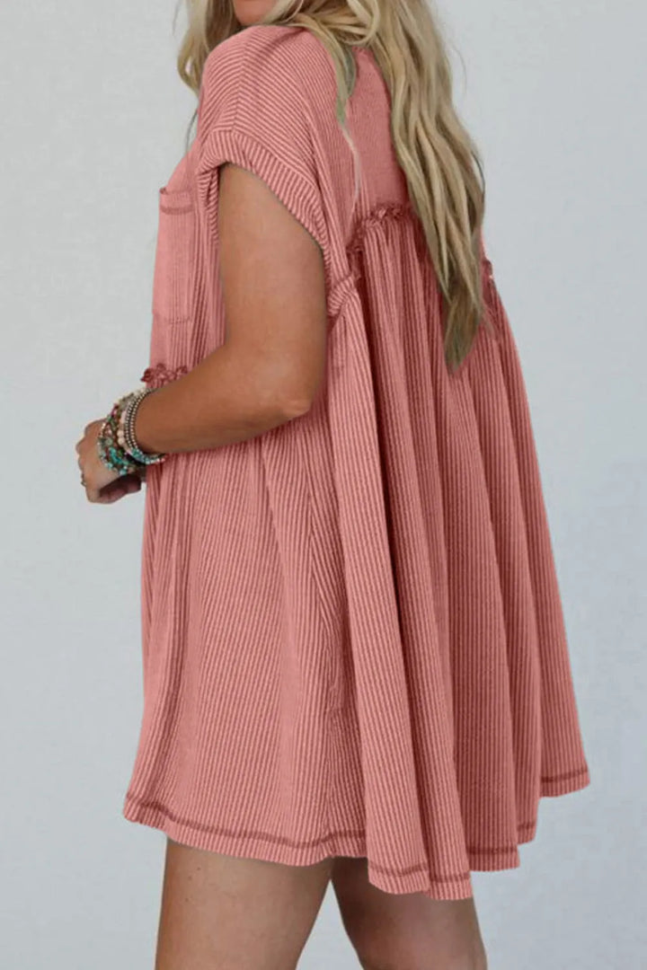 Corded Knit Textured Patched Pocket Frilled Swing Mini Dress with Pockets
