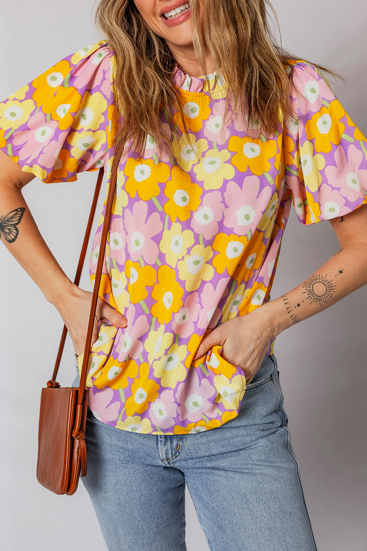 Purple Frilled Neck Puff Short Sleeve Flower Top