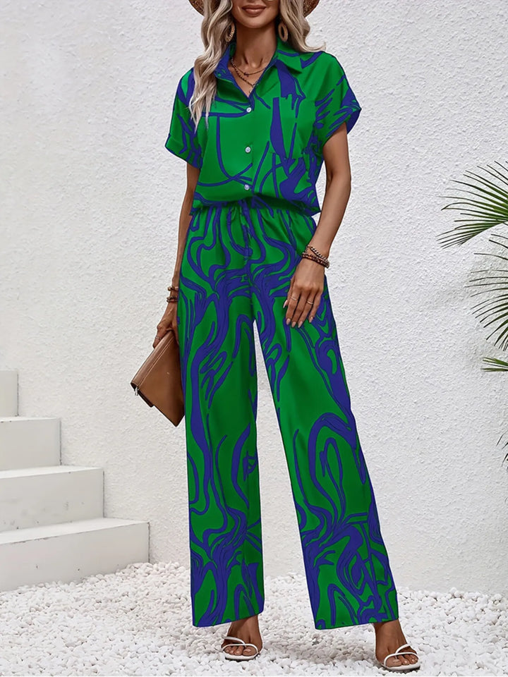 Printed Button Up Shirt and Pants Set
