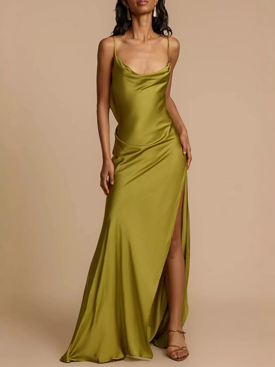 Satin Cowl Neck Slit Maxi Dress