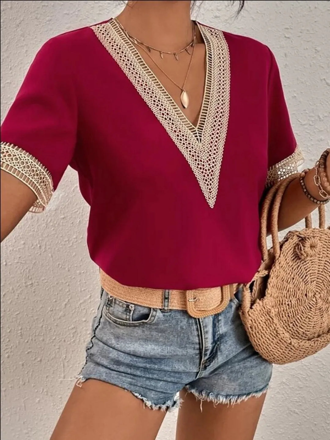 Full Size V-Neck Short Sleeve Blouse Plus Size