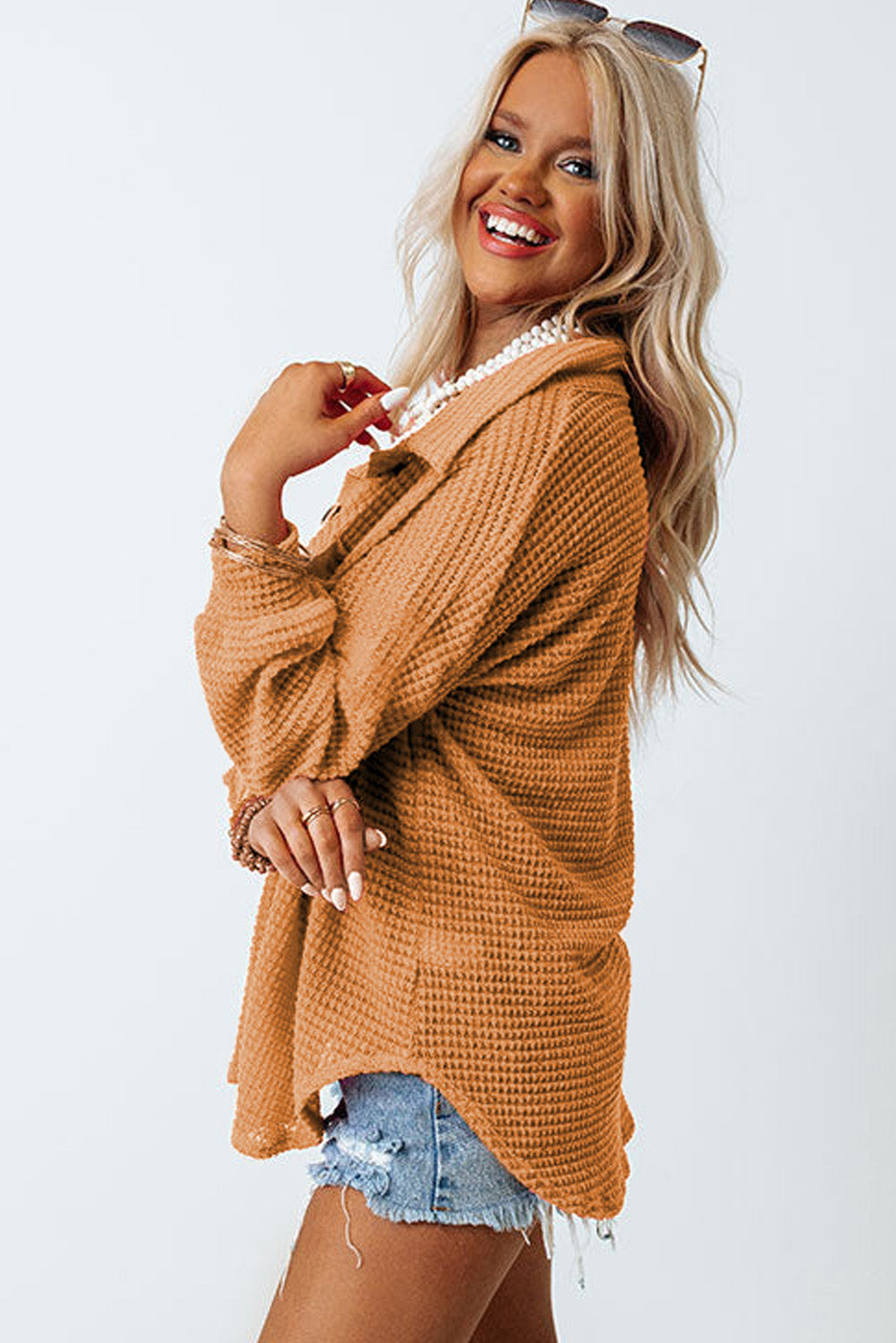 Chemise boutonnée décontractée en tricot gaufré marron